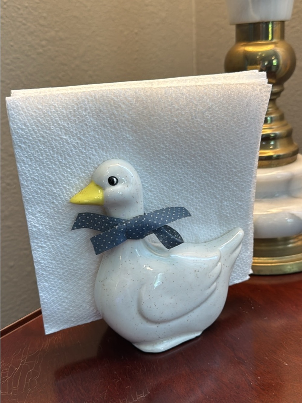 VTG Ceramic Goose Napkin Holder with Polka Dot Bow - White & Yellow